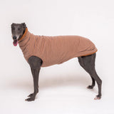 Greyhound dog wearing Snootly fluffy reversible sleeveless sweater in caramel on white background