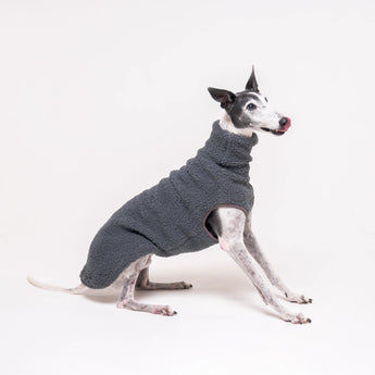 Greyhound dog wearing Snootly fluffy reversible sleeveless sweater in charcoal grey on white background