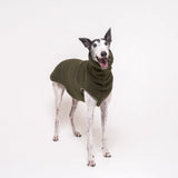 Greyhound dog wearing Snootly fluffy reversible sleeveless sweater in khaki green on white background
