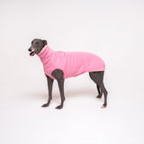Greyhound dog wearing Snootly fluffy reversible sleeveless sweater in marshmallow pink on white background