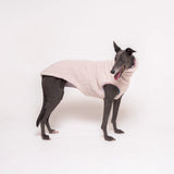 Greyhound dog wearing Snootly fluffy reversible sleeveless sweater in vanilla on white background