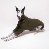 Greyhound dog wearing Snootly fluffy reversible sweater in khaki green on white background