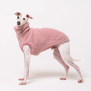 Snootly Italian Greyhound wearing sleeveless fluffyr eversible sweater in marshmallow pink 1