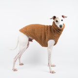 Italian Greyhound dog wearing a fluffy reversible sleeveless sweater/jumper in caramel/brown colour standing right side on
