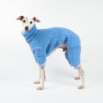 Italian greyhound wearing our Fluffy Reversible Onesie in Bubblegum | Snootly