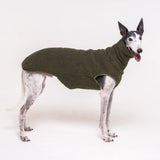 Greyhound dog wearing Snootly fluffy reversible sleeveless sweater in khaki green on white background