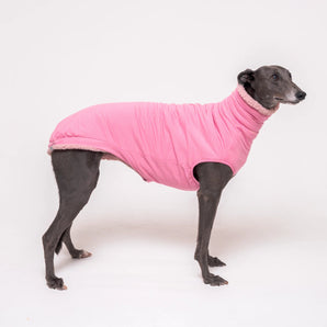 Greyhound dog wearing Snootly fluffy reversible sleeveless sweater in marshmallow pink on white background
