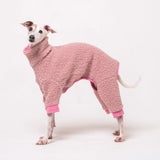 Dog wearing a fluffy reversible pink fleece onesie on a white background