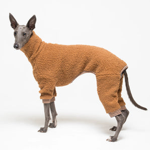 Whippet dog wearing fleece fluffy reversible onesie in caramel on a white background