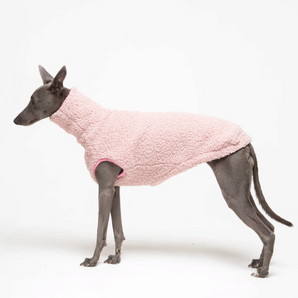 Whippet dog wearing Snootly fleece sleeveless fluffy reversible sweater in marshmallow pink