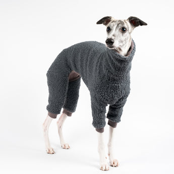 Whippet wearing a fluffy reversible onesie in charcoal standing left side 1