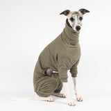 Whippet wearing a fluffy reversible onesie in khaki right side sitting