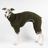 Whippet wearing a fluffy reversible onesie in khaki left side