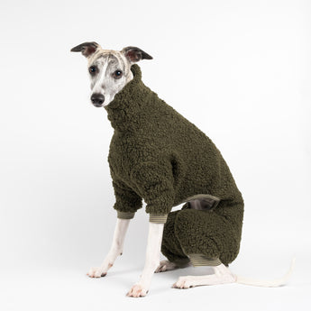 Whippet wearing a fluffy reversible onesie in khaki left side sitting