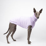 Whippet dog wearing a fluffy reversible sleeveless sweater/jumper in lilac/purple colour right side reversed